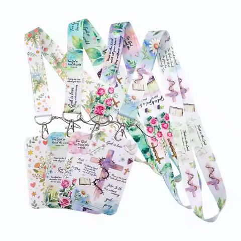 Christian Bible Verse Cross Lanyard Neck Strap Keychain ID Card Cover Badge Holder Mobile Phone Hang