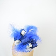 Pillbox Hat with Vintage Fabric, Deep Blue Ribbon, Feathers and Ivory Sinamay