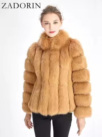 ZADORIN Fashion Winter Jacket Women Faux Fur Coat Luxury Thick Warm Stand Collar Striped Fur Jackets
