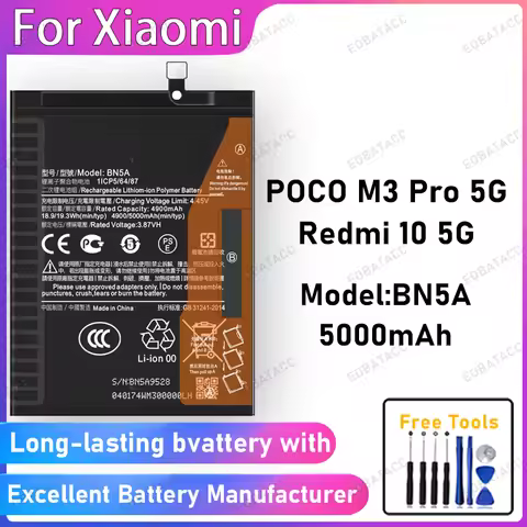 100% New 5000mAh BN5A Battery For XIAOMI POCO M3 Pro 5G/Redmi 10 5G Battery Replacement Bateria+Free