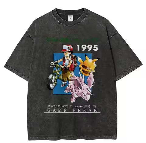 Pokemon Red 1995 Game Freak Retro T Shirt Men 2026 Summer Vintage Acid Wash Oversized Tee Anime Stre