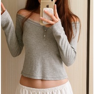 Peonyb 3-color lace off-the-shoulder button-down shirt - Stretchy long-sleeved T-shirt with beautifu