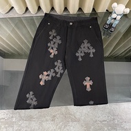 Chrome hearts chrome hearts Camouflage Cross Patchwork Leather Black Jeans Men Women Same Style