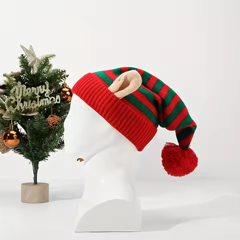 Christmas Striped Knitted Elf Hat with Ear, Red Green/Red White Pom Pom Beanie, Festive Party Headwe