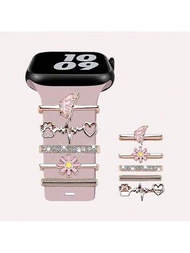 1套時尚合金蝴蝶&amp;菊花手錶裝飾環和扣環,適用於apple Watch手錶帶38mm,40mm,41mm,42mm,44mm,45mm系列