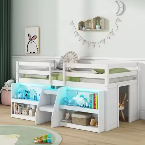 Low Loft Bed with LED Lights, Wooden Twin Loft Bed with Stairs&Safety Guardrail, Loft Bed Twin Size 