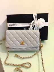 全新 Chanel 24k woc (grey) Wallet On Chain 淺灰 金球 羊皮woc