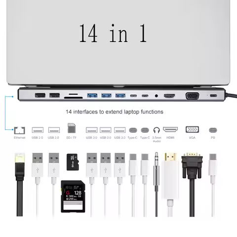 11/12/14-in-1 Type C Dock USB C Hub 3.0 Splitter Multiport Adapter 4K HDMI RJ45 SD/TF VGA HDMI PD fo