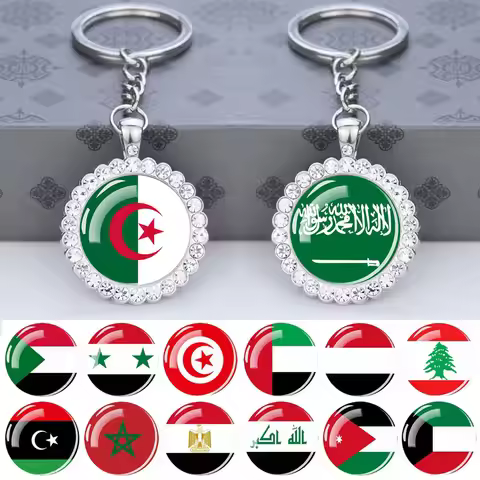 Arab National Flag Keychains Algeria Yemen Tunisia Saudi Arabia Egypt Glass Dome Rhinestone Key Chai