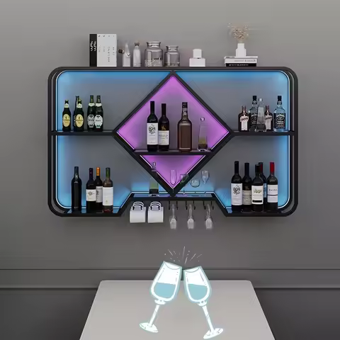 Wall-mounted Bar Shelves with Hanging Wine Glass Rack Holder, Mini Bar Liquor Cabinet, Bar Bottle Di