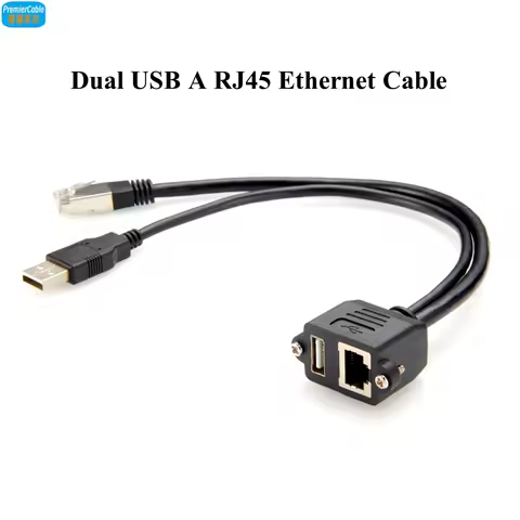 Dual USB 2.0 RJ45 Cat5e Ethernet Combo Extension Cable RJ45 8P8C USB Type-A Male to Female Screw Pan
