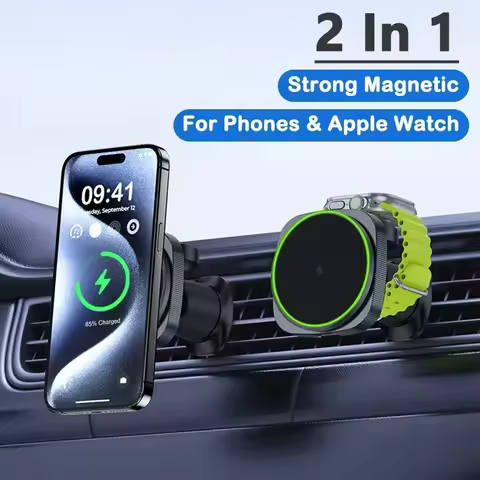 2 IN 1 Magnetic Wireless Car Charger For iPhone 15 14 13 12 Pro Max Apple Watch 8 7 Macsafe Phone Ho