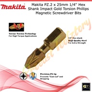 Makita PZ.2 x 25mm 1/4'' Hex Shank Impact Gold Torsion Phillips Magnetic Screwdriver Bits VT