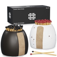 Match Holder with Striker - Set of 2 - Fancy Decorative Ceramic Matchstick Holders - Keeps Matches a