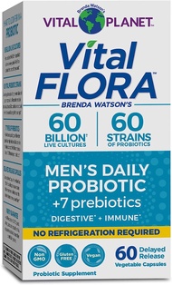 Vital Planet - Vital Flora Men’s Daily Shelf Stable Probiotic Supplement with 60 Billion Cultures and 60 Strains, Immune and Digestive Support Probiotics for Men with Prebiotic Fiber, 60 Capsules 60 Count (Pack of 1)