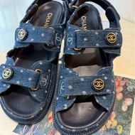 CHANEL 23C牛仔布魔術貼沙灘涼鞋 39.5號