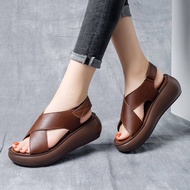 WGBWomens wedge sandals leather muffin bottom retro style Roman sandals national style sandals 5cm i