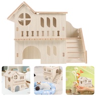 Qifull Hamster House Wooden Hamster Hideout Decorative Chinchilla Villa House Cage Accessory