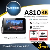 70mai A810 4K Ultra HD Dash Cam | Built-in GPS | ADAS | 150° FOV | Motion Detection | Rear Cam Suppo