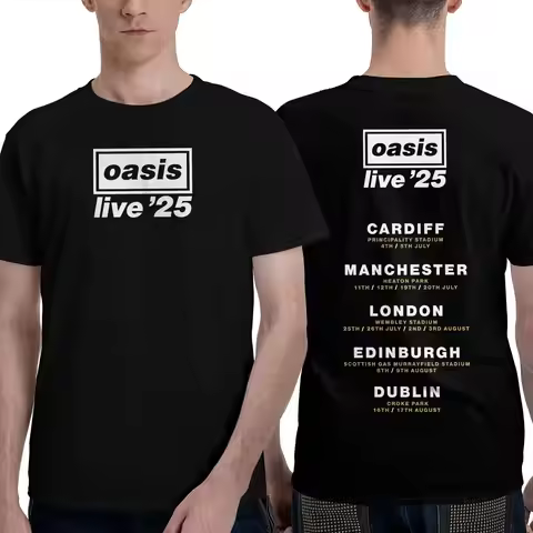 Oasi Live 25 Band T-Shirts Men Humorous Pure Cotton Tees Crewneck Short Sleeve T Shirts Birthday Gif