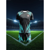 Custom Soccer Jersey & Shorts Set Black Base Blue Lightning Pattern Red Loo White 00 Back Personaliz