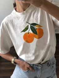 SHEIN EZwear 女款簡約印花圓領短袖T恤，夏季休閒水果上衣