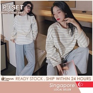 【SG】Women's Long-Sleeved Pajamas With Chest Padded Thin pj Set Summer Striped Home Wear