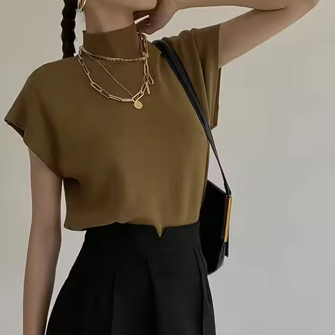 Summer French style senior sense half high neck jacket knit waistcoat design sense loose short short