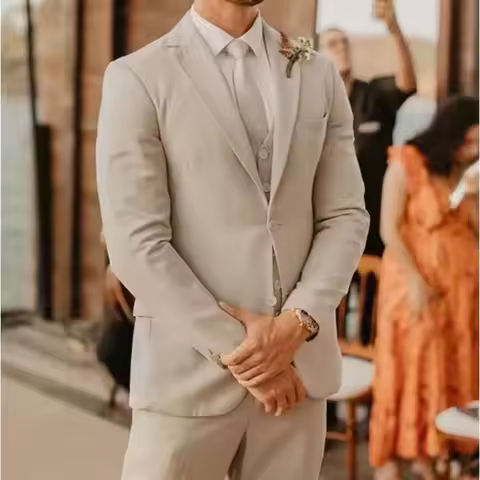 Classic Beige Wedding Suits for Men Single Breasted Notch Lapel Slim Fit 3 Piece Jacket Pants Vets M