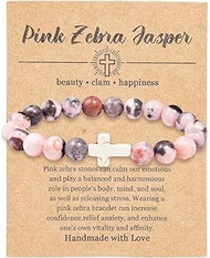 Christian Gifts Natural Stone Cross Stretch Bracelets for Women Men Faith Easter Catholic Religious 