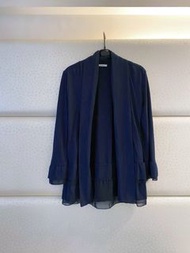 日本🇯🇵craccoron深藍棉質拼接雪紡長版開襟外套/二手近全新