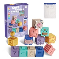 Baby Building Blocks 12Pcs Soft Building Blocks Toy Set, Silicone Bath Toys Chewable, Educational Sq