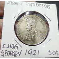 Malaya British Straits Settlements King George V Old Silver Coin 50 Cents Year 1921