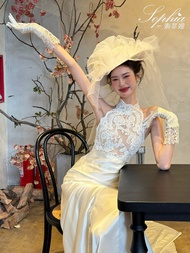 ** In| "Wedding Gloves Yu Ai Satin Bride French Retro Lace Light Wedding Dress Sleeves Cover Arms St