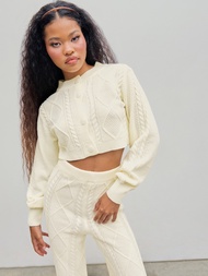 Cider Round Neck Cable Knit Button Crop Sweater | Knitwear Sale