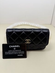 Chanel香奈兒 閒置新 黑卡30開 黑金羊皮大珍珠woc沙僧包 15cm