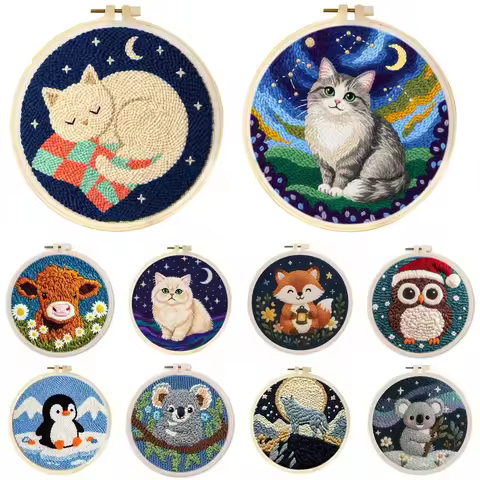 Punch Needle Embroidery Kit Cute Animal Punch Needle Embroidery Kit with Hoop DIY Handcraft Set for 