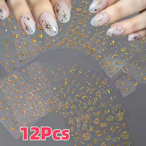 12Pcs 3D Gold Star Moon Sun Nail Stickers 10*8cm Y2K Starlight Self-adhesive Nail Decals Snake Cat S