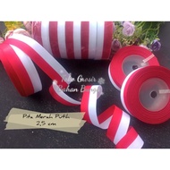 MERAH Red and White Ribbon 2.5 cm - 1 Roll of Red and White Cloth Ribbon - 2.5 cm Red and White Ribb
