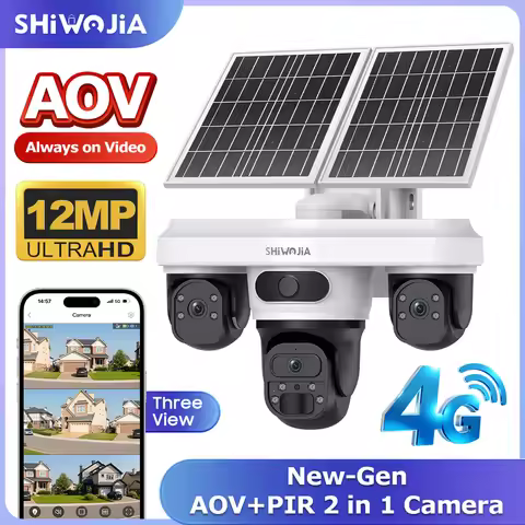 SHIWOJIA 9MP AOV 24/7 Online 4G Sim Card Solar Camera Security Outdoor hree Lens Three Screen CCTV I
