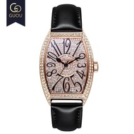 [Ready Stock] GUOU 8200 Business Style Atmospheric Rhinestone Large Dial Genuine Leather Band Waterp