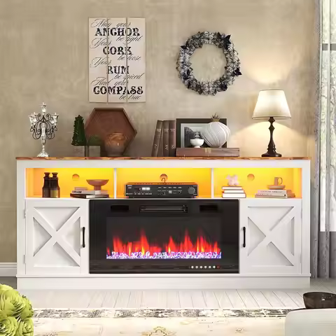 Farmhouse Fireplace TV Stand for 70/75/80 Inch TV, 32”Tall Entertainment Center w/ 36”Electric Firep