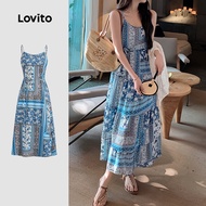 Lovito Boho Dress Lace Up Spring/summer Dress for Women L142ED610 Gaun Bohom Garters Kasual Musim Ba