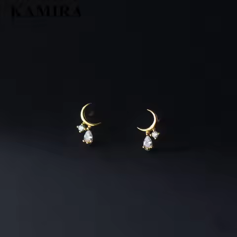 KAMIRA Real 925 Sterling Silver Korean Small Cute Moon Zircon Dangle Stud Earrings for Women Wedding
