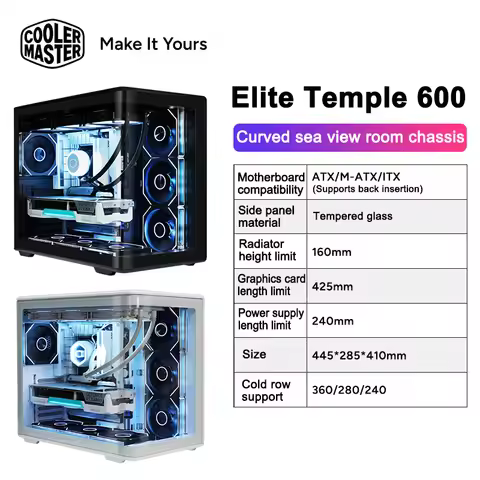 Cooler Master Elite 600 ATX Desktop Computer Case Curved Glass Sea View No Pillar Design Type-C Inte