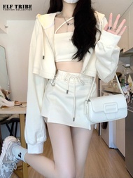 ELF TRIBE Korean Hooded Zipper Sweatshirt Jacket Wrap Short Skirt Three Pieces Set of Women