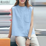 ZANZEA เสื้อลำลองผู้หญิงสไตล์เกาหลีชุดเสื้อชั้นในผ้าฝ้ายอเนกประสงค์แขนกุดกระเป๋าด้านหน้าสีพื้น #8