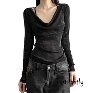 Just-Women's Fall Shiny Rhinestone Tops Cowl Neck Long Sleeve Slim Fit Sheer T-Shirt Streetwear