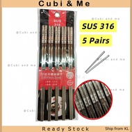 C&M 5 Pairs Penyepit Makanan Keluli Tahan Karat SUS316 CNY Chopsticks Stainless Steel SUS316