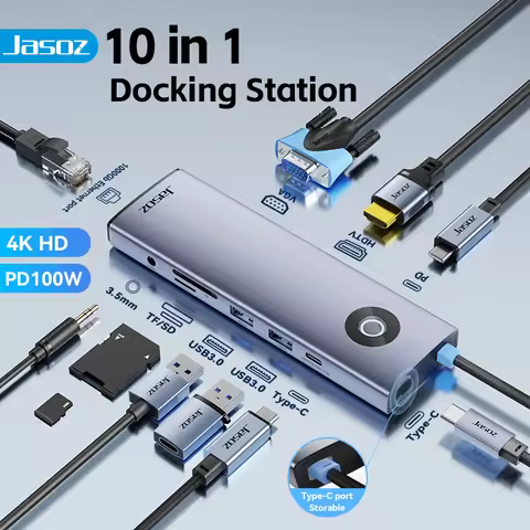Jasoz 10-in-1 USB HUB Type-C to HDMI 4K60Hz VGA USB3.0 SD/TF Gigabit RJ45 PD100W for Windows Dell HP